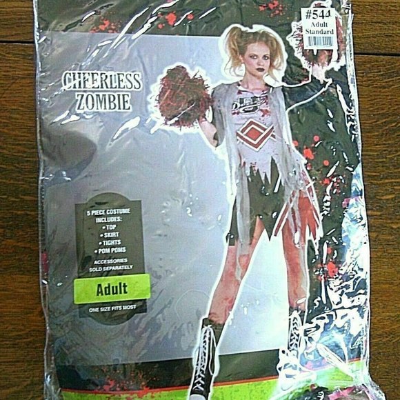 Cheerless Zombie Halloween Outfit Costume Fancy Dress Skirt Top Body Pom Pom - Picture 12 of 16